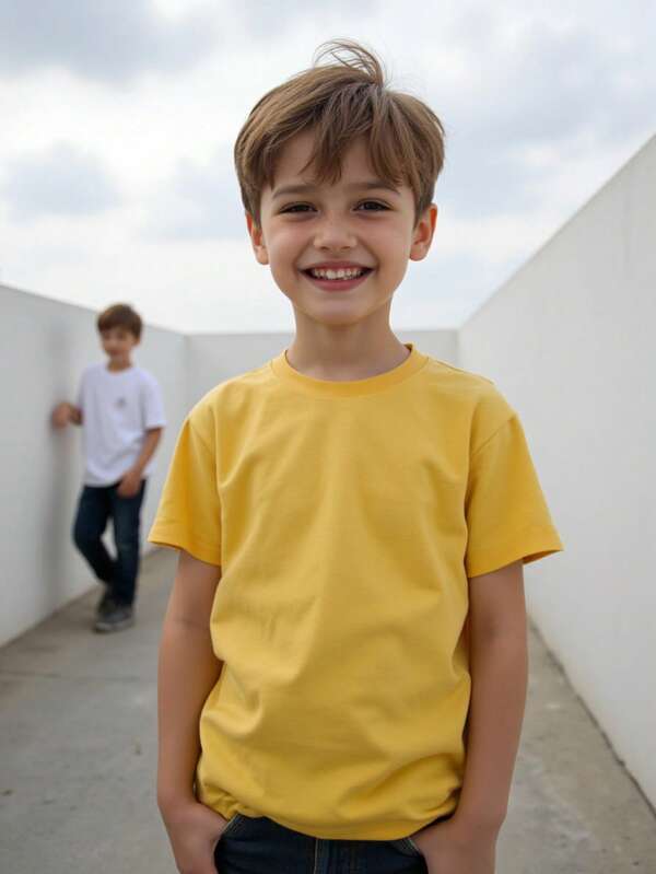 SHEIN Young Boy Yellow Crew Neck Short Sleeve Casual T-Shirt Kids Yellow T-Shirt