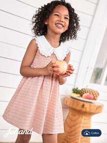 Joliand 1 pezzo Vestito elegante da ragazza giovane Joliand, a quadri rosa, con decorazioni in pizzo bianco, colletto a rever, senza maniche, a-line, adatto per festa, viaggi, matrimoni, estate