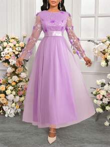 SHEIN Lady 情人节/新年派对/适合日常工作穿着/四季皆宜的米色蕾丝立体花朵拼布婚纱优雅女士长裙 - 紫色 - 查看 6