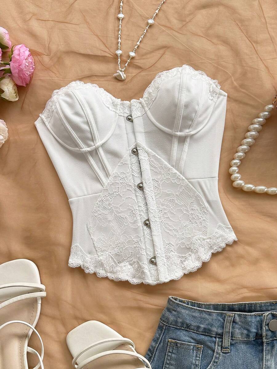Soleia Lace Trim Fitted Cropped Camisole For Women, Vintage Style, Suitable For Vacation, Music Festival, Boho, Holiday Date, Afternoon Tea - White - View 1