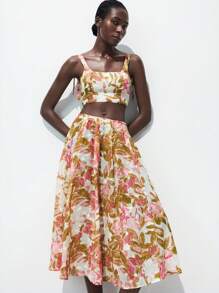 Maija 2 件女式休闲花卉印花背心和裙子套装，度假装花卉两件套两件夏季套装裙子度假装女裙套装沙滩裙套装节日两件套服装 - 粉色 - 查看 3