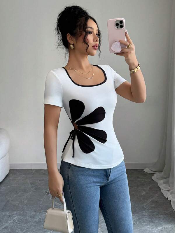 SHEIN LUNE Camiseta de mujer talla grande con cuello cuadrado, elegante y romántica, con estampado floral y cordón