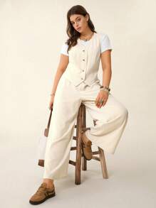 SHEIN LUNE Bộ đồ nữ áo không tay kẻ sọc và quần kẻ sọc lễ hội mùa hè Boho Old Money trang phục mùa hè cho phụ nữ trang phục nghỉ xuân rave lễ hội trang phục nghỉ xuân cotton - Màu be - Xem 4
