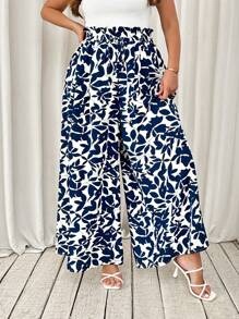 SHEIN Tall CURVE Pantalones anchos con estampado de plantas y bolsillos para mujer de talla grande, ideales para vacaciones