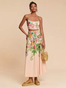 Travachic 2 件套度假休闲植物印花吊带背心和长裙，女士度假装，女士度假装，海滩度假装，女士夏季装，度假两件套 - 彩色 - 查看 3