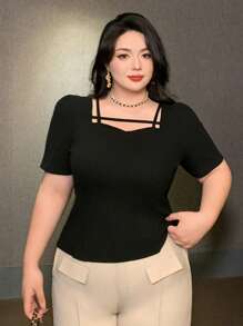 Dazy Plus Solid Color Short Sleeve Asymmetrical Collar Black T-Shirt, Summer