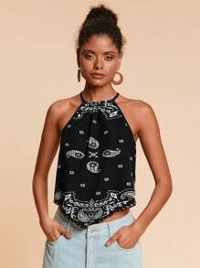 Travachic Vacation Woven Paisley Floral Women's Asymmetric Hem Halter Neck Tank Top - Black and White - View 4