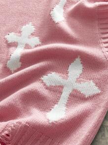 AXEPEAK 男士十字印花圆领毛边针织背心，街头风