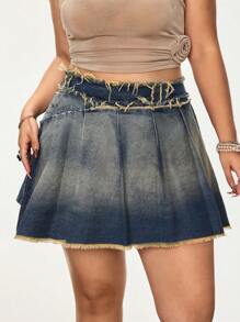SHEIN ICON Plus Size Retro Vintage Pleated Denim Mini Skirt - Medium Wash - View 1