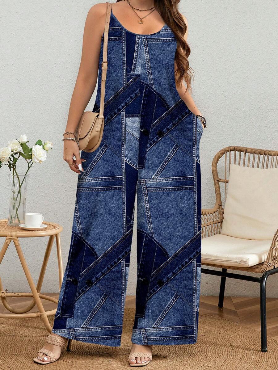 EMERY ROSE 加大码复古拼布图案印花阔腿连体裤，宽松版型，适合春夏秋季 - 彩色 - 查看 1