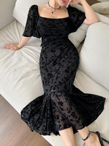 DAZY Đầm nữ dài đến bắp chân, cổ vuông, xếp ly, chất liệu chiffon in hoa, thích hợp cho ngày Valentine, trang phục đi học hoặc đi nghỉ mát. - màu đen - Xem 4