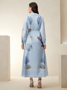 Anewsta 女士时尚印花腰带连衣裙 - 藍色 - 查看 2