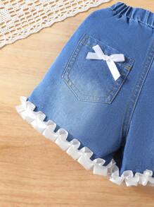 Baby Girl Outfit Set Birthday Girl 2pcs/Set Toddler Girls Casual Cute White Bow Print T-Shirt And Blue Denim Ruffled Shorts Outfit Sets Baby Tees Family Matching Outfits Toddler Girl Cozy Pixies Baby Girl Baby Girl Outfit Little Girl Clothes Baby Beach - Blue - View 6