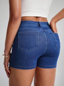 Flexra Women's High Waist Stretchy Casual Blue Denim Summer Shorts - Dark Wash - View 3