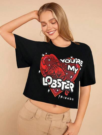 FRIENDS X SHEIN kmintern Women's Summer Letter & Heart Print Round Neck Short Sleeve Casual T-Shirt