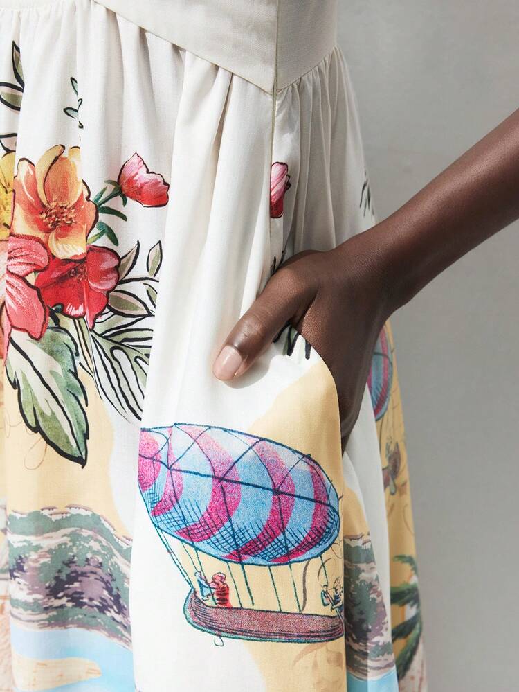 SHEIN Maija Urlaubs-Blume Muster Knotenkleid ohne Ärmel für Damen, bequemes, lässiges tailliertes Boho-Midi-Kleid für Musik-Festivals, Brunchen, Strandurlaub, vielseitiger Stil
