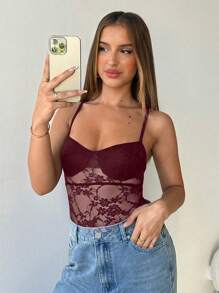 Aloruh Women's Solid Color Lace Sheer Bodysuit