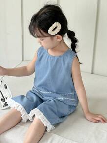 Dazy Kids Bộ đồ denim thời trang cho bé gái - Rửa trung bình - Xem 8