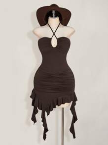 SHEIN ICON 加大码 Y2K 复古波西米亚风棕色不对称下摆荷叶边交叉挂脖修身连衣裙、西部风、节日装 - 棕色 - 查看 3