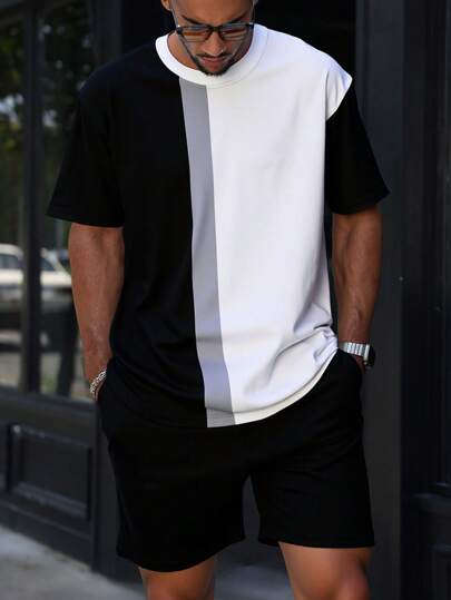 Manfinity Homme Plus Size Men's Contrast Color Block Short Sleeve T-Shirt And Shorts Set