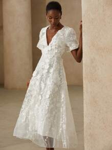 BELROSIE French Romantic Solid Color 3D Floral V-Neck Short Sleeve Maxi Dress For Women, Summer - White - View 6
