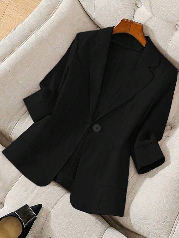 Regalyn Blazer casual de mujer talla grande de manga larga, cuello de solapa, unicolor