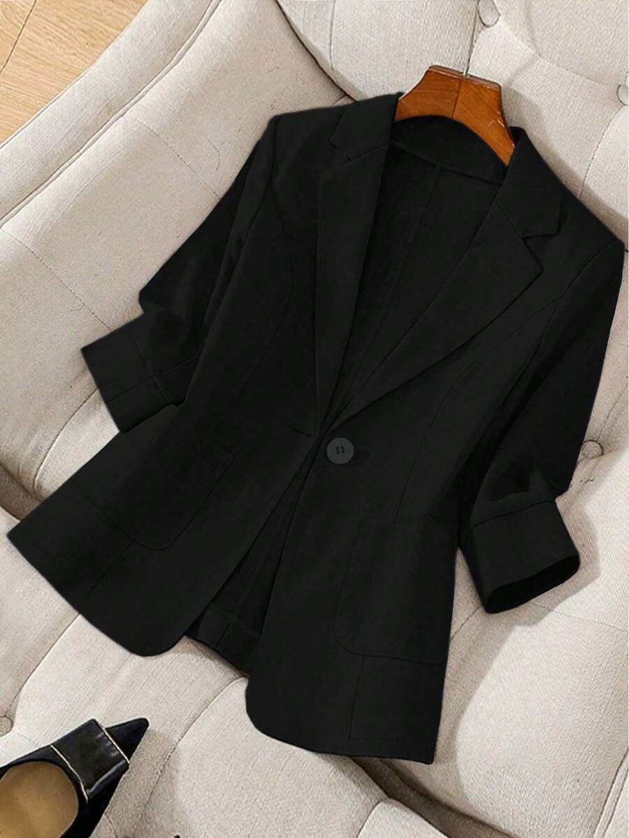 GlowEve CURVE Plus Size Women Solid Color Lapel Neck Long Sleeve Casual Blazer Winter Fall Autumn - Black - View 1