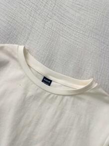 SHEIN EZwear 休闲简约度假风蓝色海星贝壳花卉图案圆领短袖紧身露脐女式T恤，适合海滩度假外出穿着 - 白色 - 查看 4