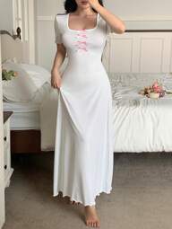 Elegant Bow Accent Contrast Color Women Sleepwear Dress