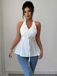 SHEIN Clasi Damen elegantes einfarbiges besticktes Blumen-Splice rüschenbesetztes Neckholder-Camisole - Weiss - Übersicht 3