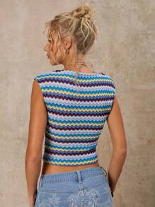 SHEIN Forever 21 彩虹波浪印花弹力修身女式无袖背心，非常适合春季海滩度假 - 藍色 - 查看 2