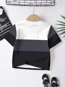 SHEIN Set de 4 camisetas de manga corta con cuello redondo y estampado de bloques de color clásico para bebé niño, apropiado para verano, para hermanos, exterior, campus