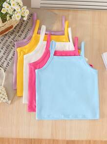 SHEIN 5pcs/Pack Girls Casual Milk Silk Fabric Simplistic Spaghetti Strap Camisole With Bow, Comfortable Layering Knit Top Kitty Love Summer Outfits Back To School Essentials Kids Girls Summer Clothes Young Girl Summer Outfits Tops For Girls Tops For Girls Kids Fall Winter - Multicolor - View 2