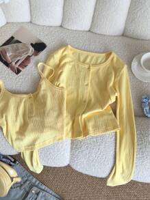 DAZY Bộ 2 món áo hai dây và áo khoác cardigan màu kem dành cho nữ, thích hợp cho mùa xuân/thu. - Màu vàng - Xem 11