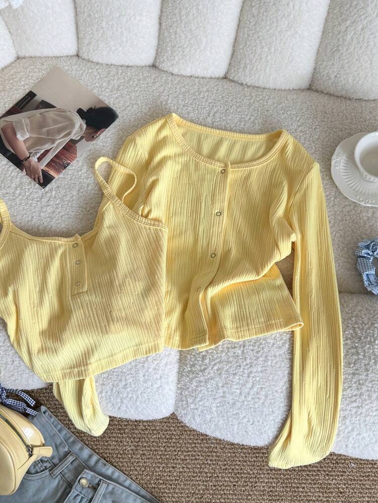 2pcs/Set Women Cream-Colored Camisole And Cardigan Set, Spring/Autumn