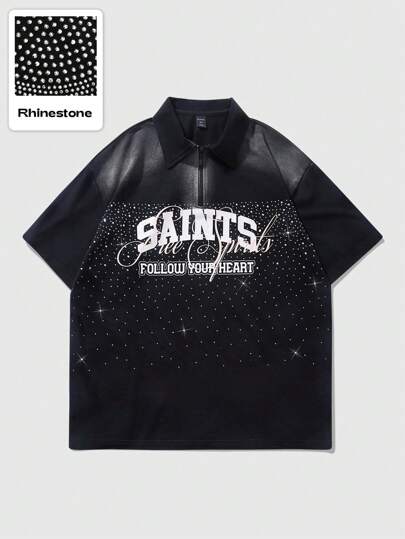 Grunge Punk Men's Street Life Polo Shirt With Street Inspired Mustang & English Text Print With Gradient