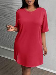 Slaydiva Vestido de vacaciones de manga corta con hombros caídos y abertura lateral de color rosa para tallas grandes, para principios de primavera