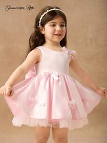 Glamorique Kids 浅粉色缎面花童礼服，丝带蝴蝶结装饰 V 领，优雅高端公主风格，适合婚礼和儿童 - 淺粉色 - 查看 5