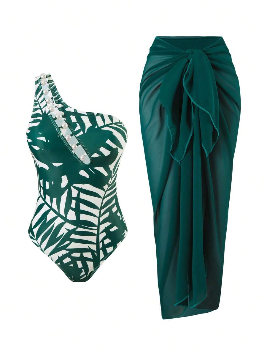 Swim Oasis 2pcs/Set Women's Summer Beach Vacation Sexy One Shoulder Hollow Pearl One-Piece Swimsuit With High-Quality Digital Printed Mesh Maxi Skirt Set - Dark Green - View 1