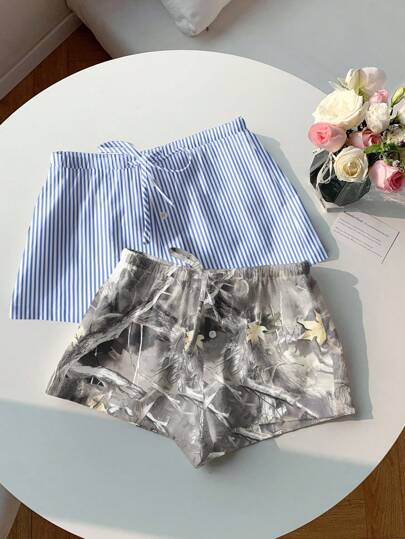 Comfortcana 2pcs Women Casual Button Closure With Navy Stripe & Leaf Branch Print Self-Tie Shorts, Suitable For Summer, Spring Break, Graduation, Girls Trip