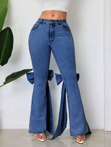 SHEIN SXY Quần Jeans Loe Nơ Dễ Thương Dự Tiệc Thường Ngày Cho Nữ - Rửa tối - Xem 3