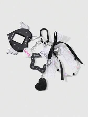 Anime 1 Stück gotischer Stil delikater handgemachter Schlüsselanhänger mit Perlen, Kristallen, Netz, Schleife, Acrylbuchstabe, Lederflügel, Herz, Cut Out Stern, DIY, geeignet als Geschenk für Frauen, für den täglichen Gebrauch, Festivals