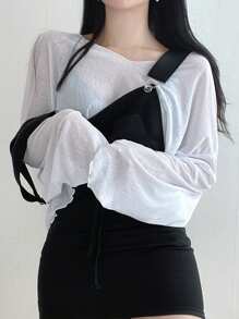 DAZY 女式宽松短款 V 领 T 恤，纯色透明长袖女式上衣，秋季女装短款女式上衣 - 白色 - 查看 4