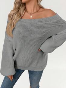 SHEIN LUNE Áo len đan ấm áp hở vai tay đèn lồng cho nữ, mùa thu/đông - Xám - Xem 2