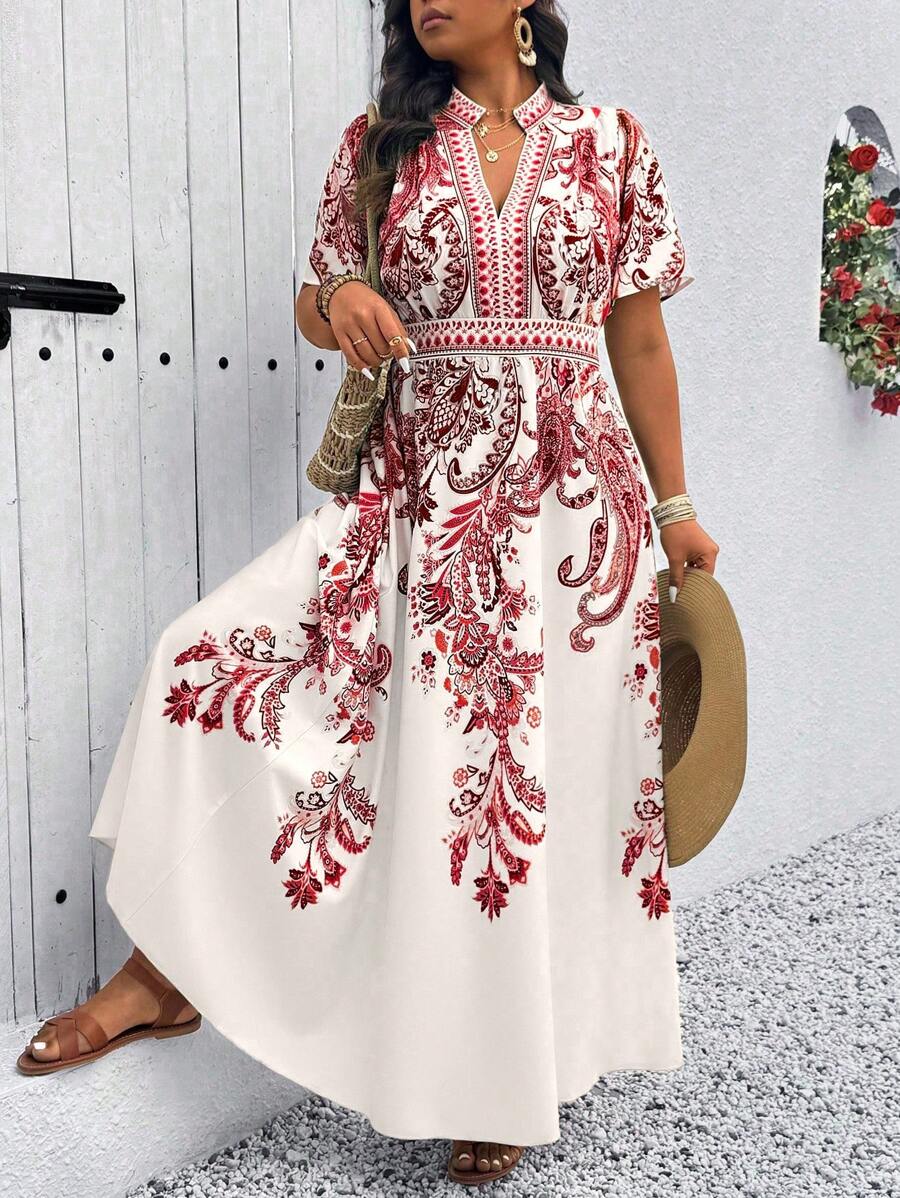 SHEIN Clasi Plus Size Stand Collar Print Waist Gathered Tiered Swing Dress, Casual Holiday Going Out Maxi - Multicolor - View 1