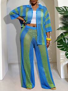 Slaydiva 大码2025新款时尚度假休闲镂空无领长袖开衫+阔腿裤蓝绿色针织两件套女毛衣套装 - 彩色 - 查看 6