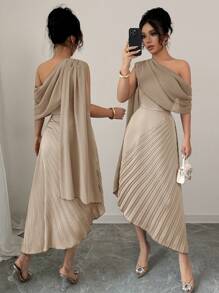 Rafferiza 女士春夏优雅飘逸细肩带褶皱连衣裙 - 卡其色 - 查看 7