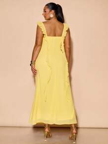 SHEIN BAE Vestido Longo de Chiffon Sereia de Ajuste Slim com Babado Amarelo Sólido para Primavera Verão, Vestido Amarelo, Vestido de Casamento da Madrinha, Vestido Formal Elegante, Amarelo Manteiga - Amarelo - Visão 6