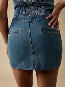 MISSGUIDED Western Style Mini Denim Skirt With Smocked Bodice Ruffle Straps Summer Festival Fashion Juniors High Waisted Above Knee Mini Skirt - Medium Wash - View 5