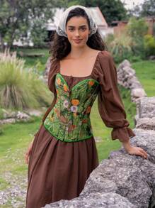 SHEIN Myrelith Green Floral Print Lace Up Corset Bustier Top For Women - Style Regular Length Fabric Corset